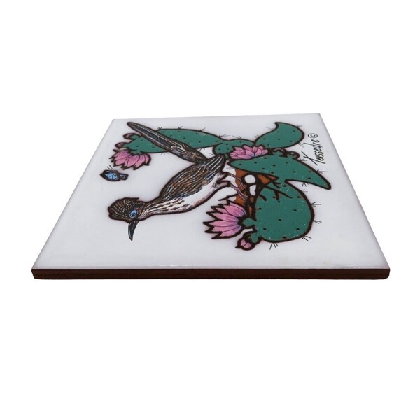 Ceramic Art Tile Cleo Teissedre 1992 Roadrunner on Cactus Coater Trivet Italy - Picture 3 of 7